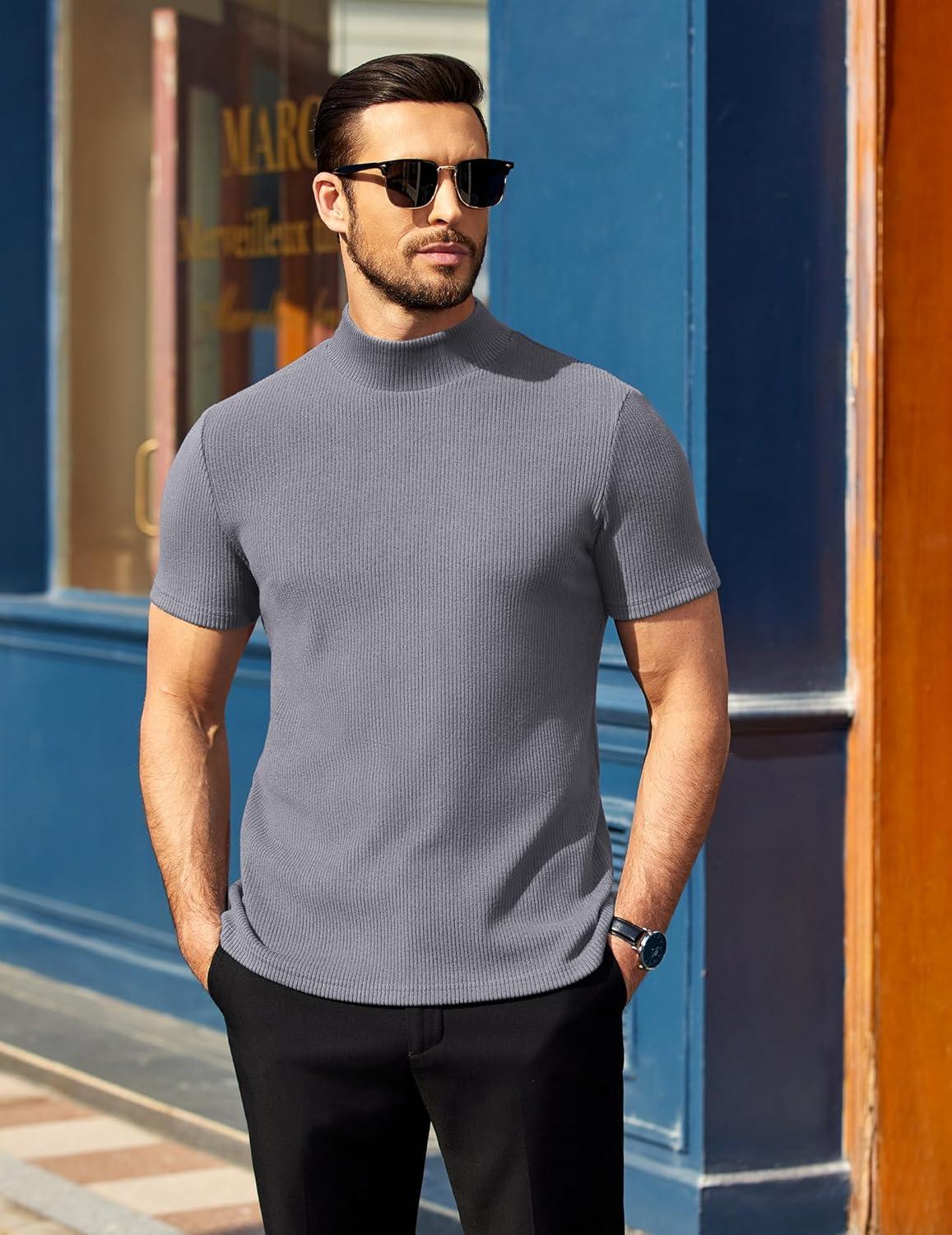 imageCOOFANDY Mens Mock Turtleneck Short Sleeve Soft Lightweight Sweater Ribbed Knit Pullover Casual Basic TopsGrey