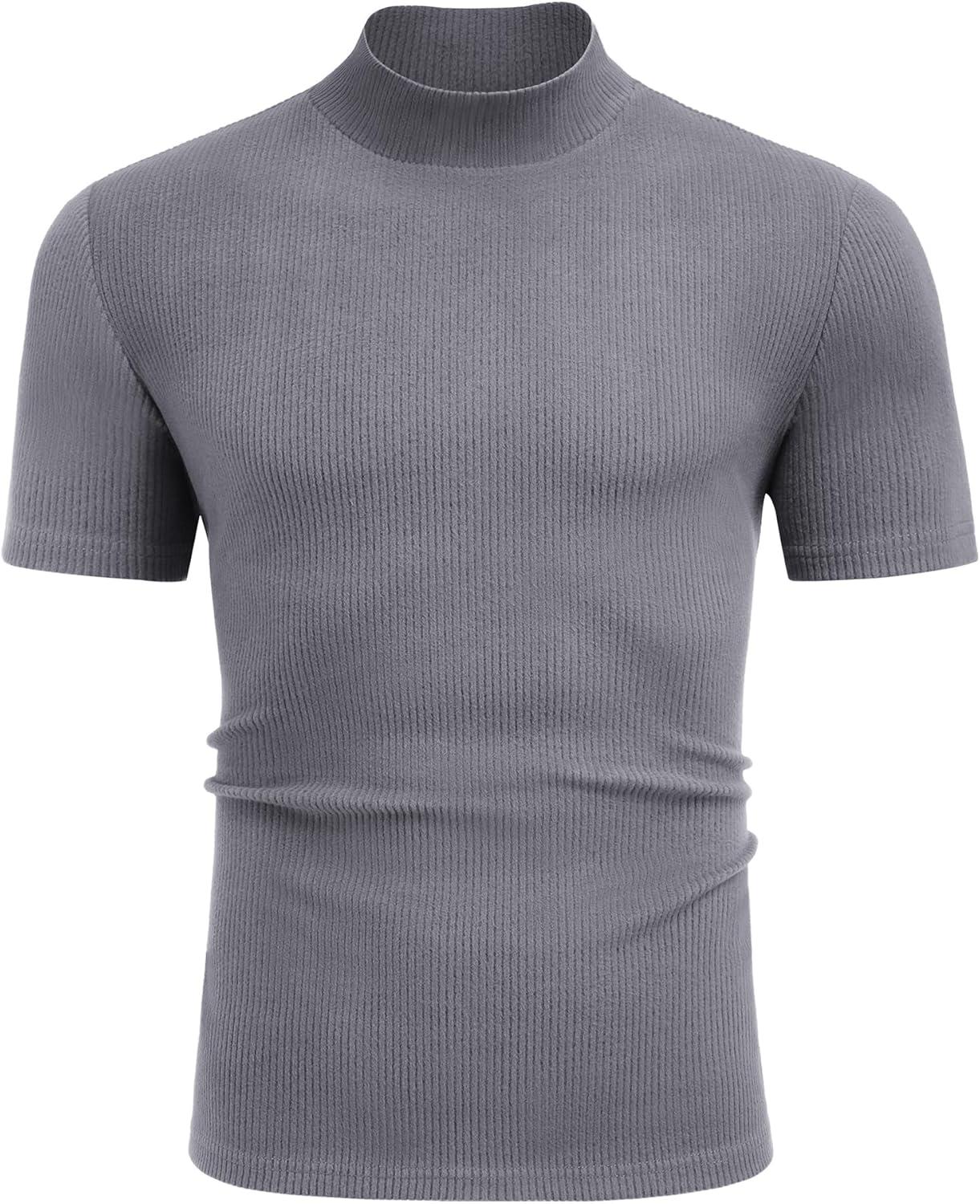 imageCOOFANDY Mens Mock Turtleneck Short Sleeve Soft Lightweight Sweater Ribbed Knit Pullover Casual Basic TopsGrey