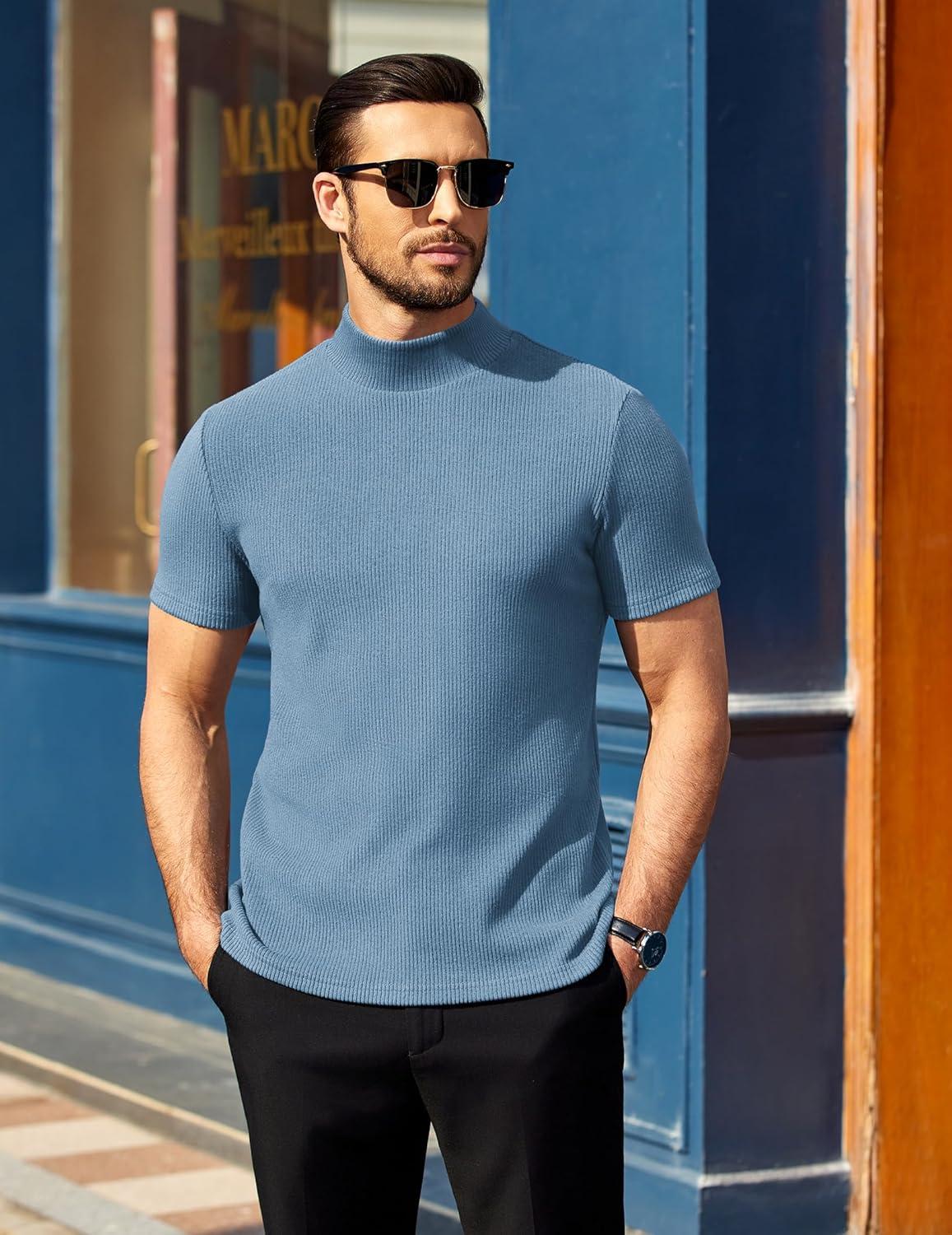 imageCOOFANDY Mens Mock Turtleneck Short Sleeve Soft Lightweight Sweater Ribbed Knit Pullover Casual Basic TopsLight Blue