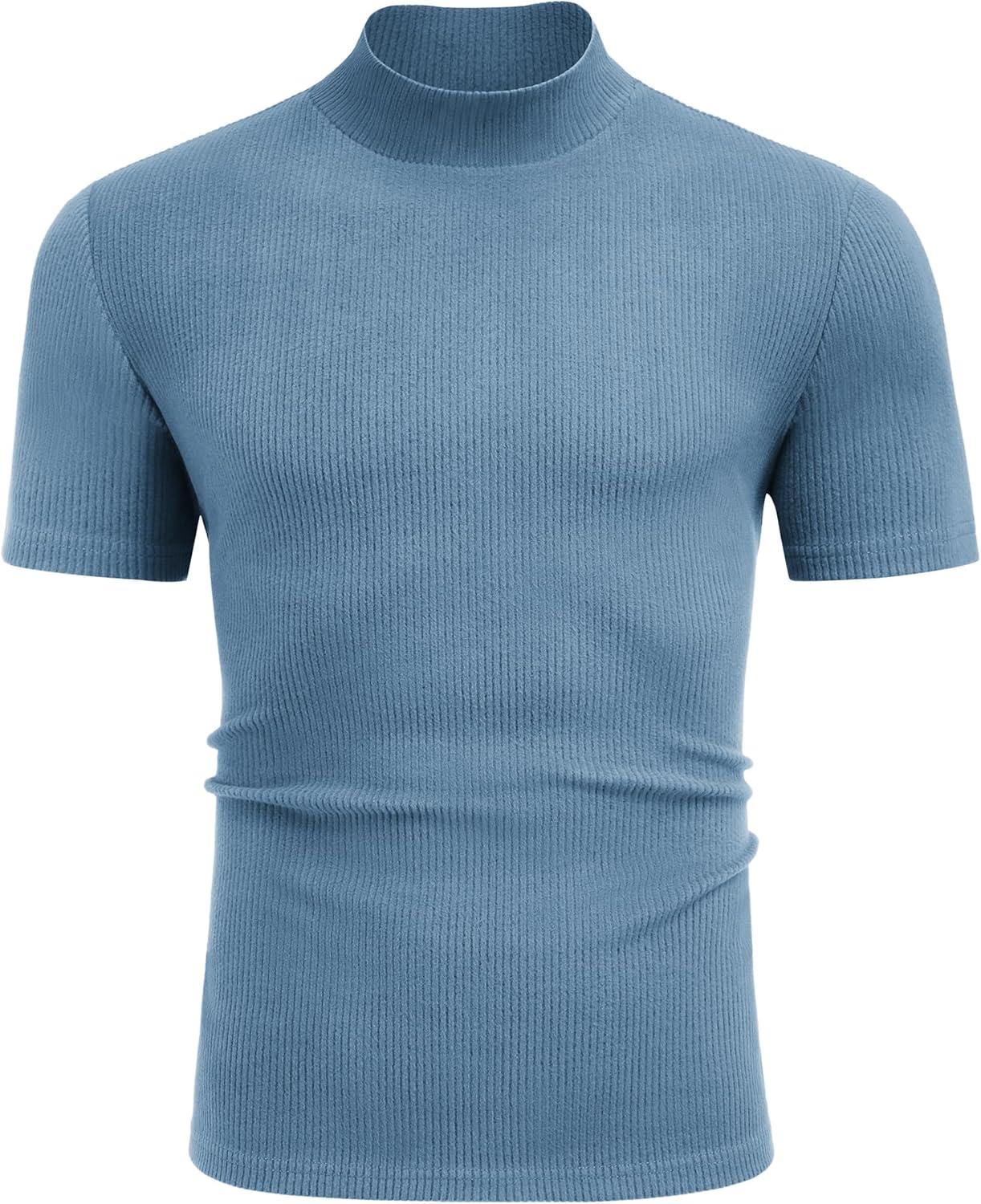 imageCOOFANDY Mens Mock Turtleneck Short Sleeve Soft Lightweight Sweater Ribbed Knit Pullover Casual Basic TopsLight Blue