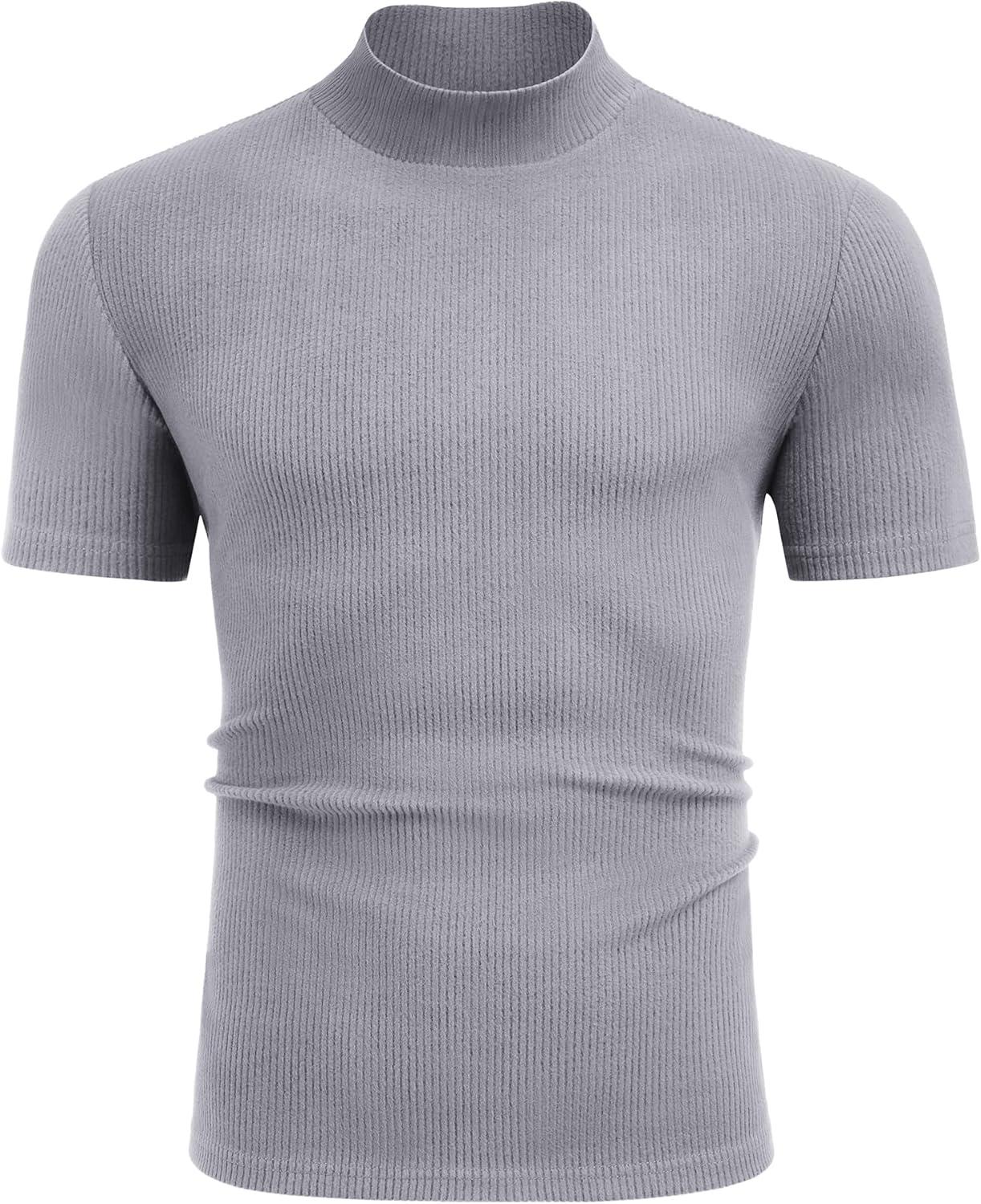 imageCOOFANDY Mens Mock Turtleneck Short Sleeve Soft Lightweight Sweater Ribbed Knit Pullover Casual Basic TopsLight Grey