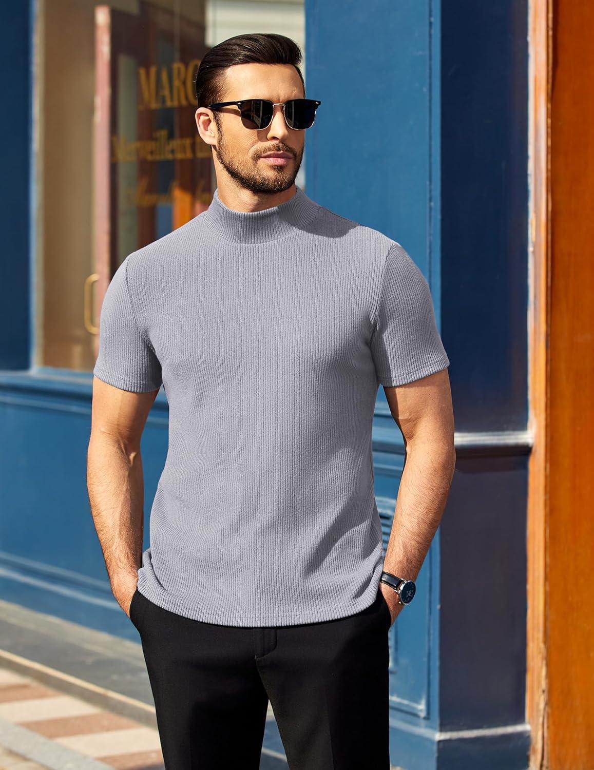 imageCOOFANDY Mens Mock Turtleneck Short Sleeve Soft Lightweight Sweater Ribbed Knit Pullover Casual Basic TopsLight Grey