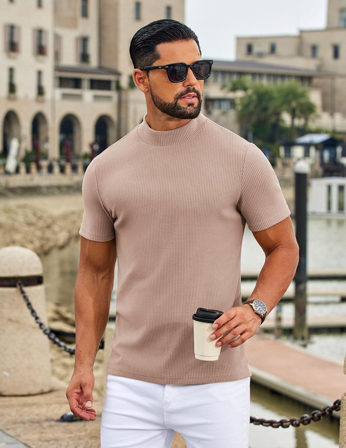 imageCOOFANDY Mens Mock Turtleneck Short Sleeve Soft Lightweight Sweater Ribbed Knit Pullover Casual Basic TopsLight Khaki