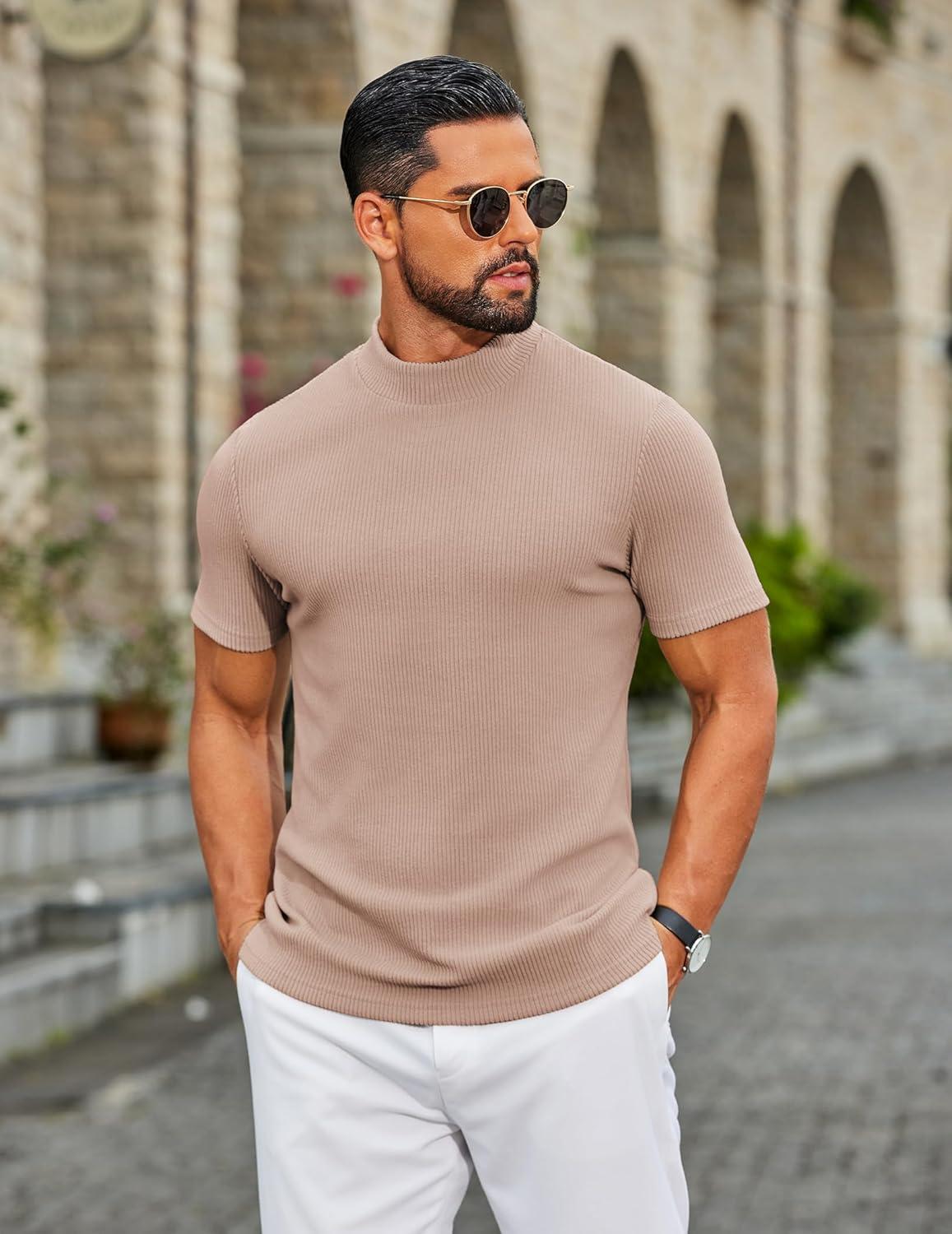 imageCOOFANDY Mens Mock Turtleneck Short Sleeve Soft Lightweight Sweater Ribbed Knit Pullover Casual Basic TopsLight Khaki