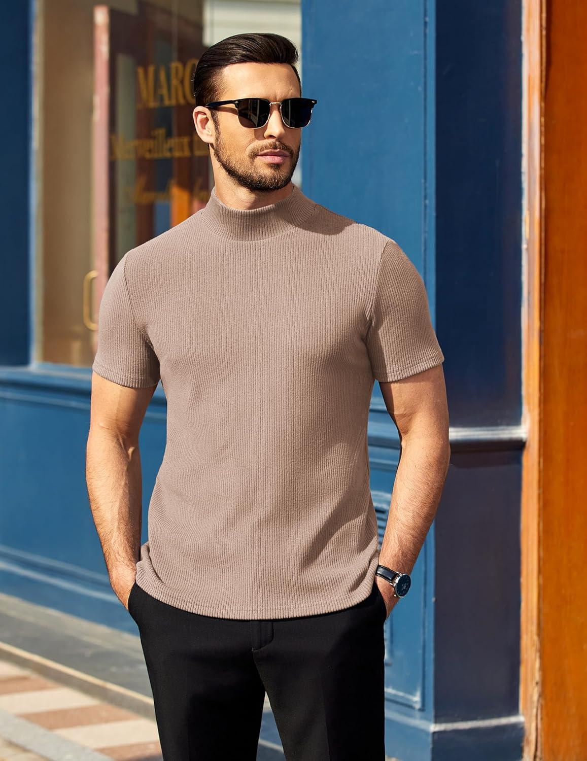 imageCOOFANDY Mens Mock Turtleneck Short Sleeve Soft Lightweight Sweater Ribbed Knit Pullover Casual Basic TopsLight Khaki