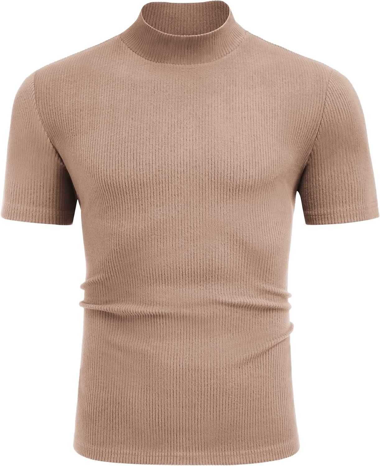 imageCOOFANDY Mens Mock Turtleneck Short Sleeve Soft Lightweight Sweater Ribbed Knit Pullover Casual Basic TopsLight Khaki
