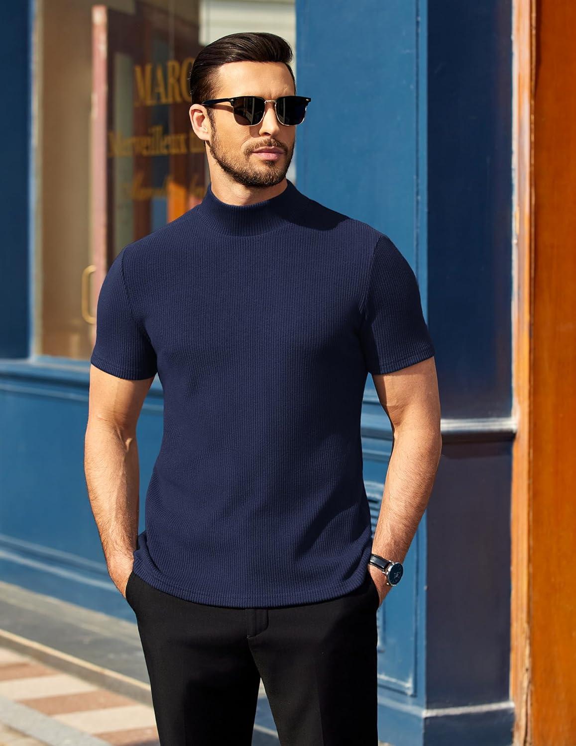 imageCOOFANDY Mens Mock Turtleneck Short Sleeve Soft Lightweight Sweater Ribbed Knit Pullover Casual Basic TopsNavy Blue