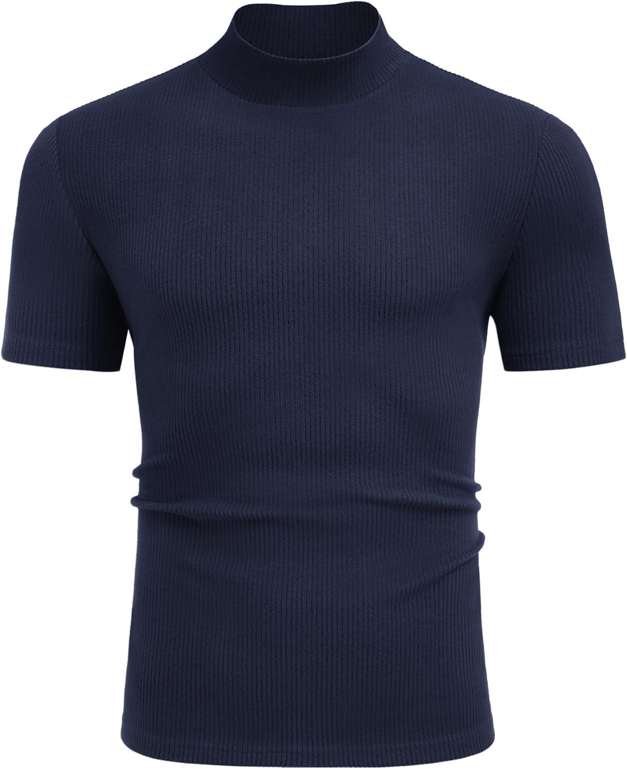 imageCOOFANDY Mens Mock Turtleneck Short Sleeve Soft Lightweight Sweater Ribbed Knit Pullover Casual Basic TopsNavy Blue