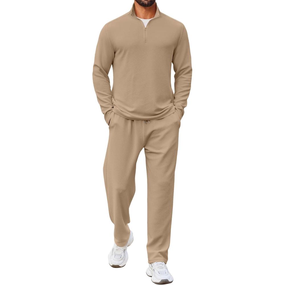 imageCOOFANDY Mens 2 Piece Tracksuit Set Quarter Zip Sweatsuit Athletic Running Suit Sets Long Sleeve Casual OutfitsDark Khaki