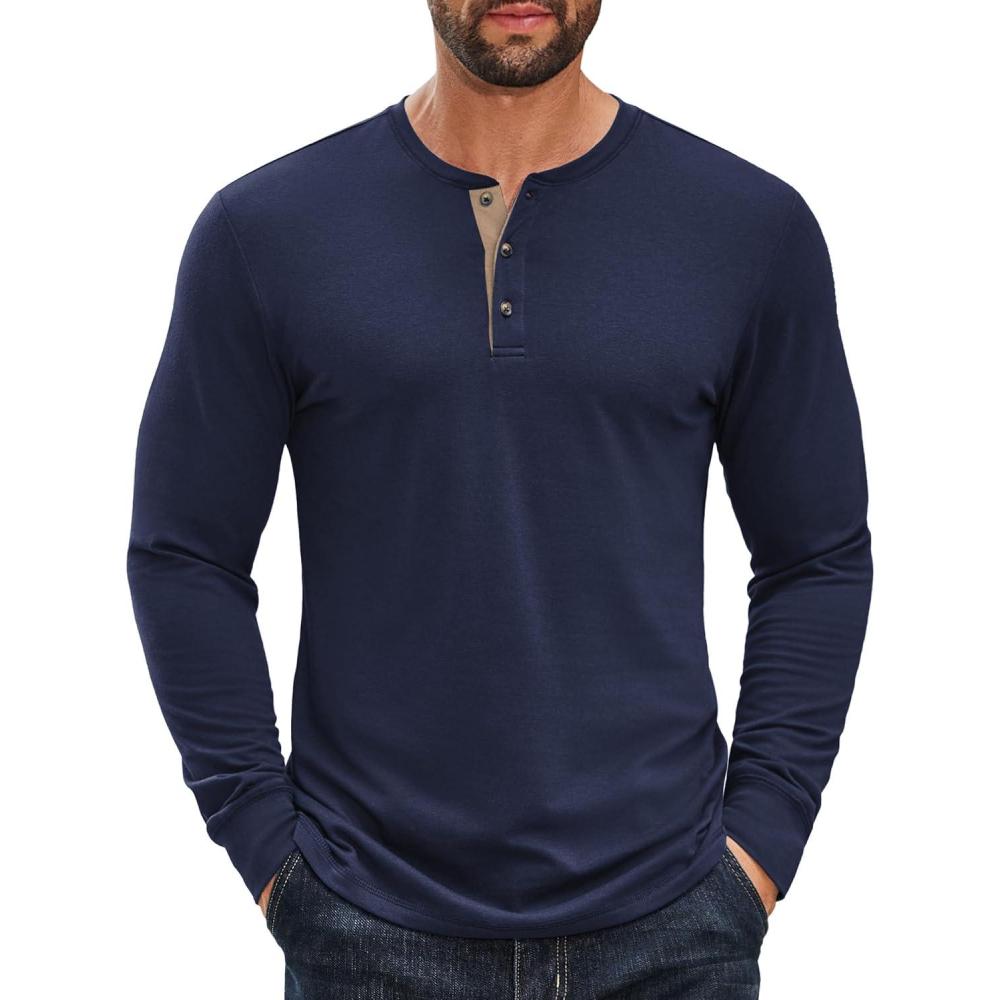 imageCOOFANDY Mens Long Sleeve Henley Shirts Cotton TShirts Casual Pullover Shirt Soft Stretch Basic Tees Fall TopsNavy Blue 02 Khaki Collar