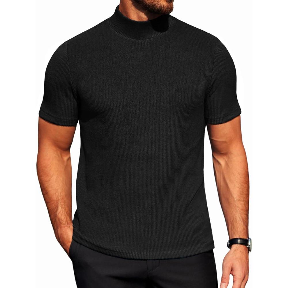 imageCOOFANDY Mens Mock Turtleneck Short Sleeve Soft Lightweight Sweater Ribbed Knit Pullover Casual Basic TopsAblack