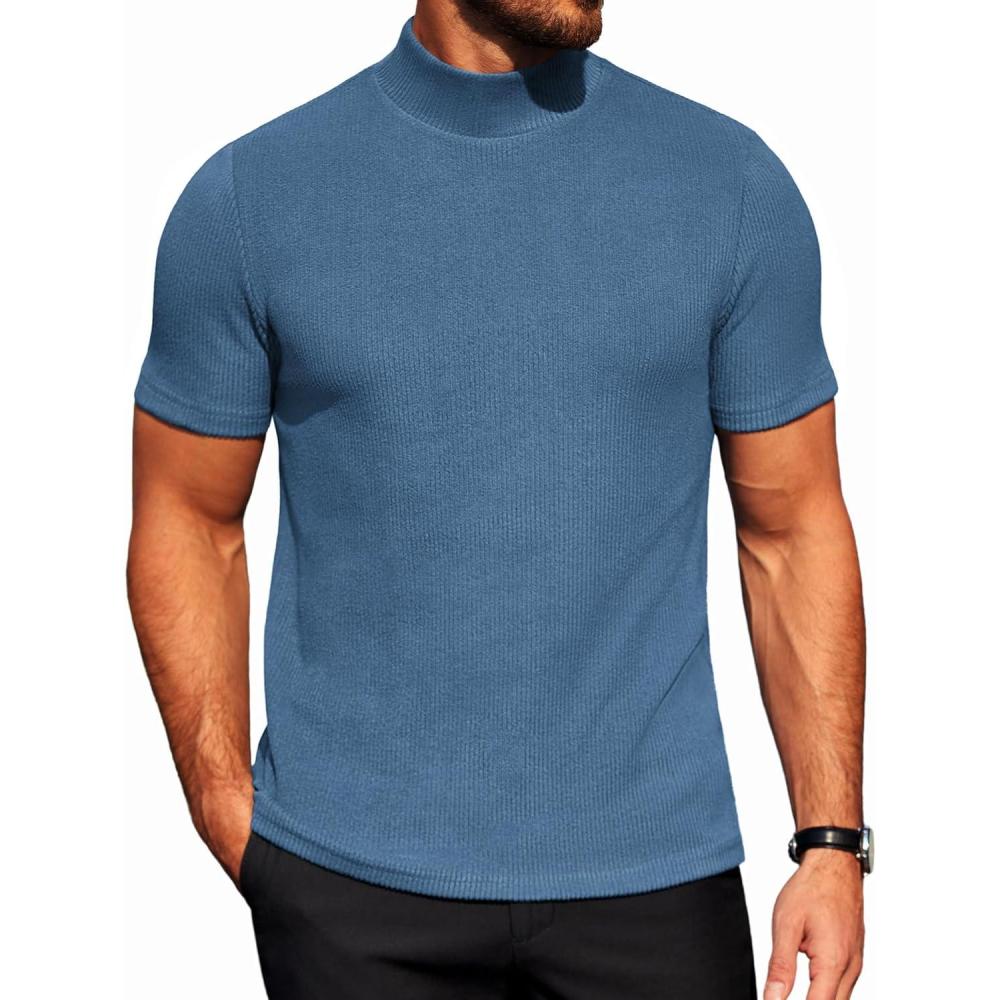 imageCOOFANDY Mens Mock Turtleneck Short Sleeve Soft Lightweight Sweater Ribbed Knit Pullover Casual Basic TopsDark Blue