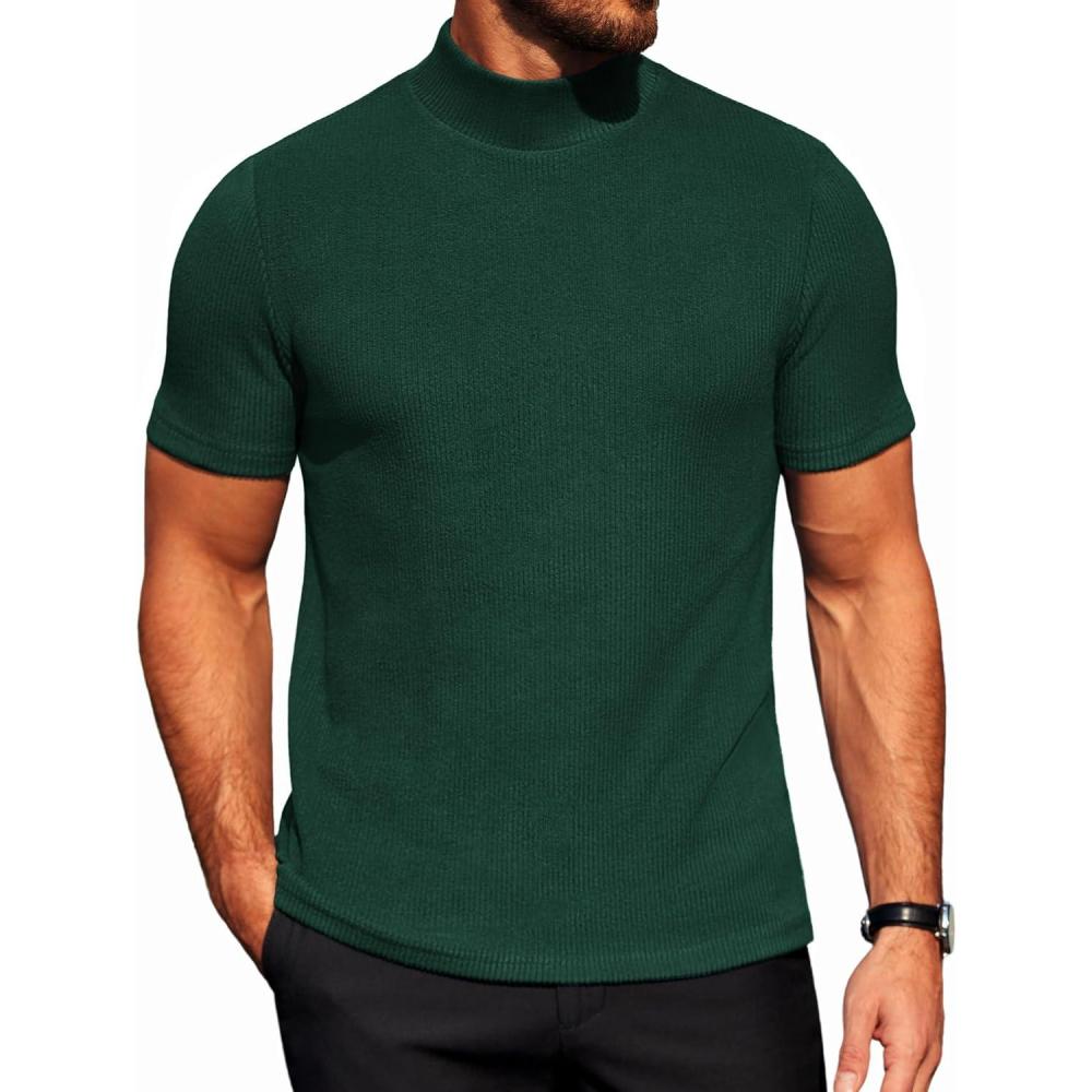 imageCOOFANDY Mens Mock Turtleneck Short Sleeve Soft Lightweight Sweater Ribbed Knit Pullover Casual Basic TopsGreen