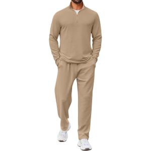 COOFANDY Men’s 2 Piece Tracksuit Set Quarter Zip Sweatsuit Athletic Running Suit Sets Long Sleeve Casual Outfits(Dark Khaki)