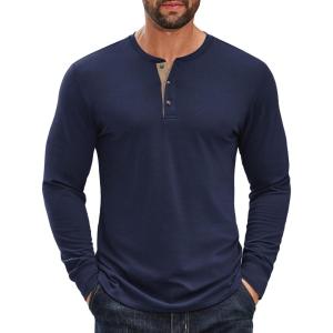 COOFANDY Men’s Long Sleeve Henley Shirts Cotton T-Shirts Casual Pullover Shirt Soft Stretch Basic Tees Fall Tops(Navy Blue 02 – Khaki Collar)