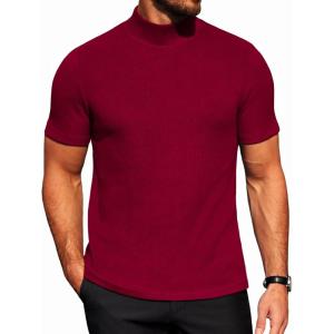 COOFANDY Men’s Mock Turtleneck Short Sleeve Soft Lightweight Sweater Ribbed Knit Pullover Casual Basic Tops(Dark Red)