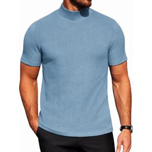 COOFANDY Men’s Mock Turtleneck Short Sleeve Soft Lightweight Sweater Ribbed Knit Pullover Casual Basic Tops(Light Blue)