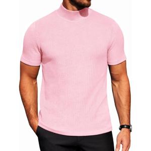 COOFANDY Men’s Mock Turtleneck Short Sleeve Soft Lightweight Sweater Ribbed Knit Pullover Casual Basic Tops(Pink)