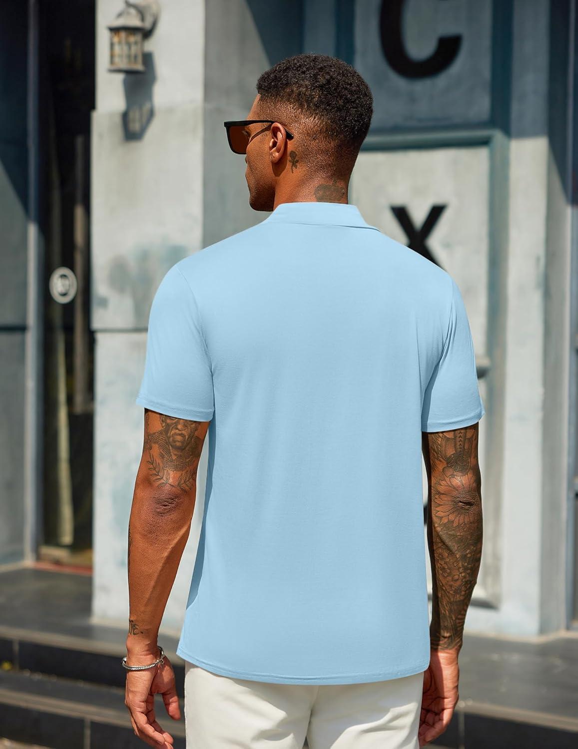 imageCOOFANDY Mens Mock Turtleneck T Shirt Short Sleeve Slim Fit Basic Casual Solid Color Pullover TeeAlight Blue