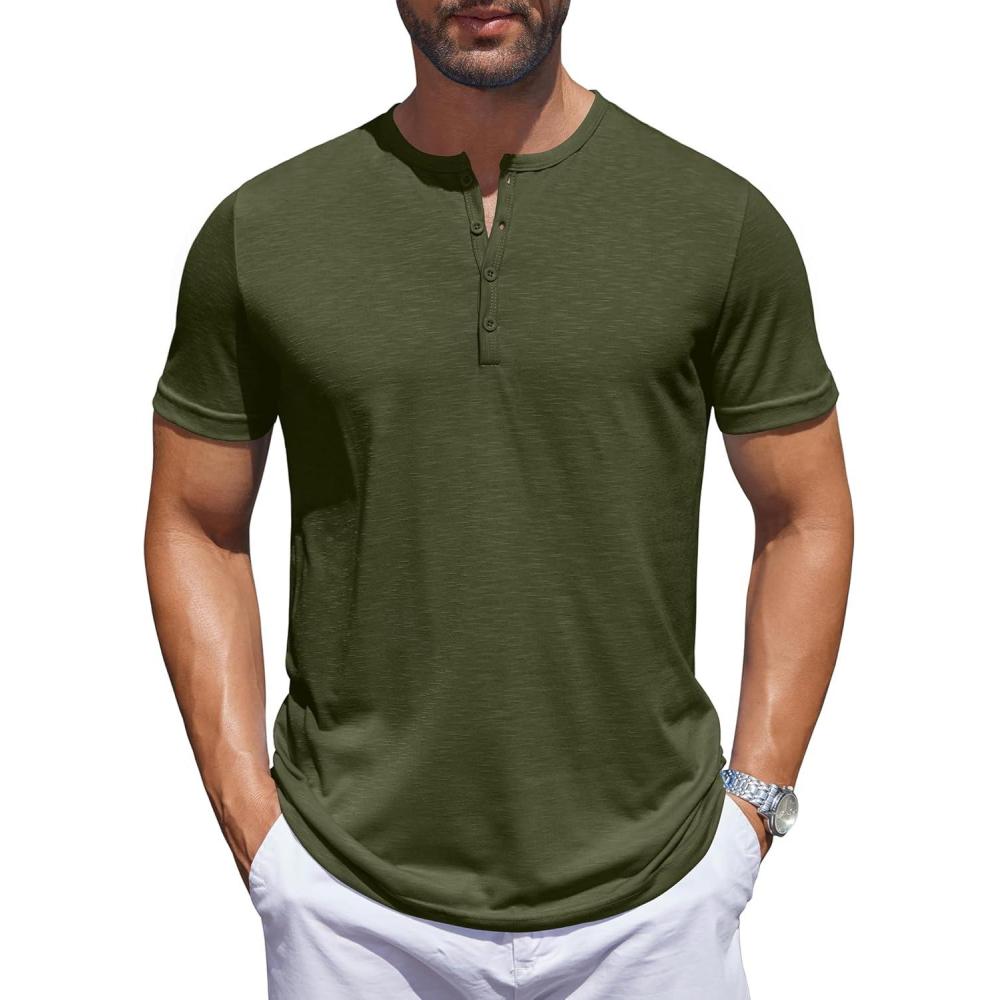 imageCOOFANDY Mens Henley Shirts Short Sleeve Collarless Button TShirt Fashion Casual Basic Tee Tops