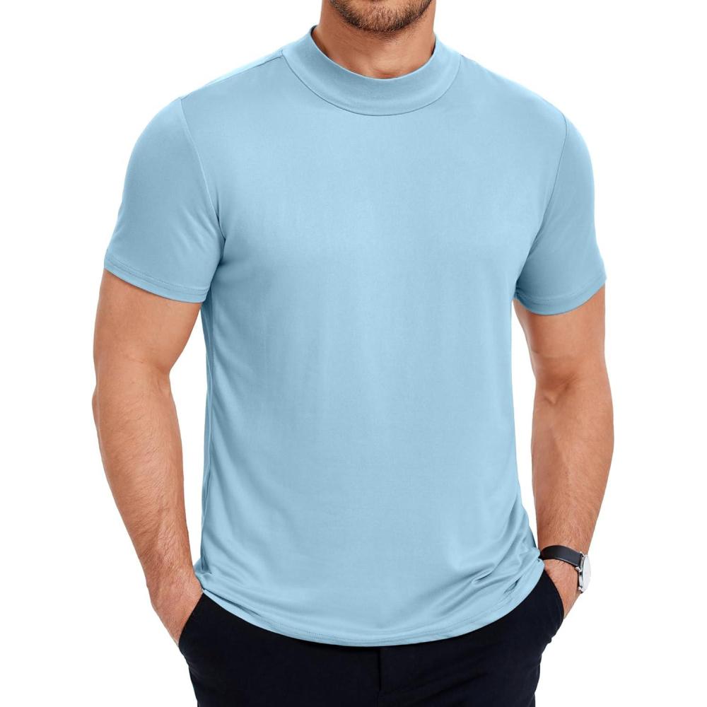 imageCOOFANDY Mens Mock Turtleneck T Shirt Short Sleeve Slim Fit Basic Casual Solid Color Pullover TeeAlight Blue