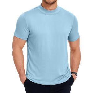 COOFANDY Men’s Mock Turtleneck T Shirt Short Sleeve Slim Fit Basic Casual Solid Color Pullover Tee(A-light Blue)
