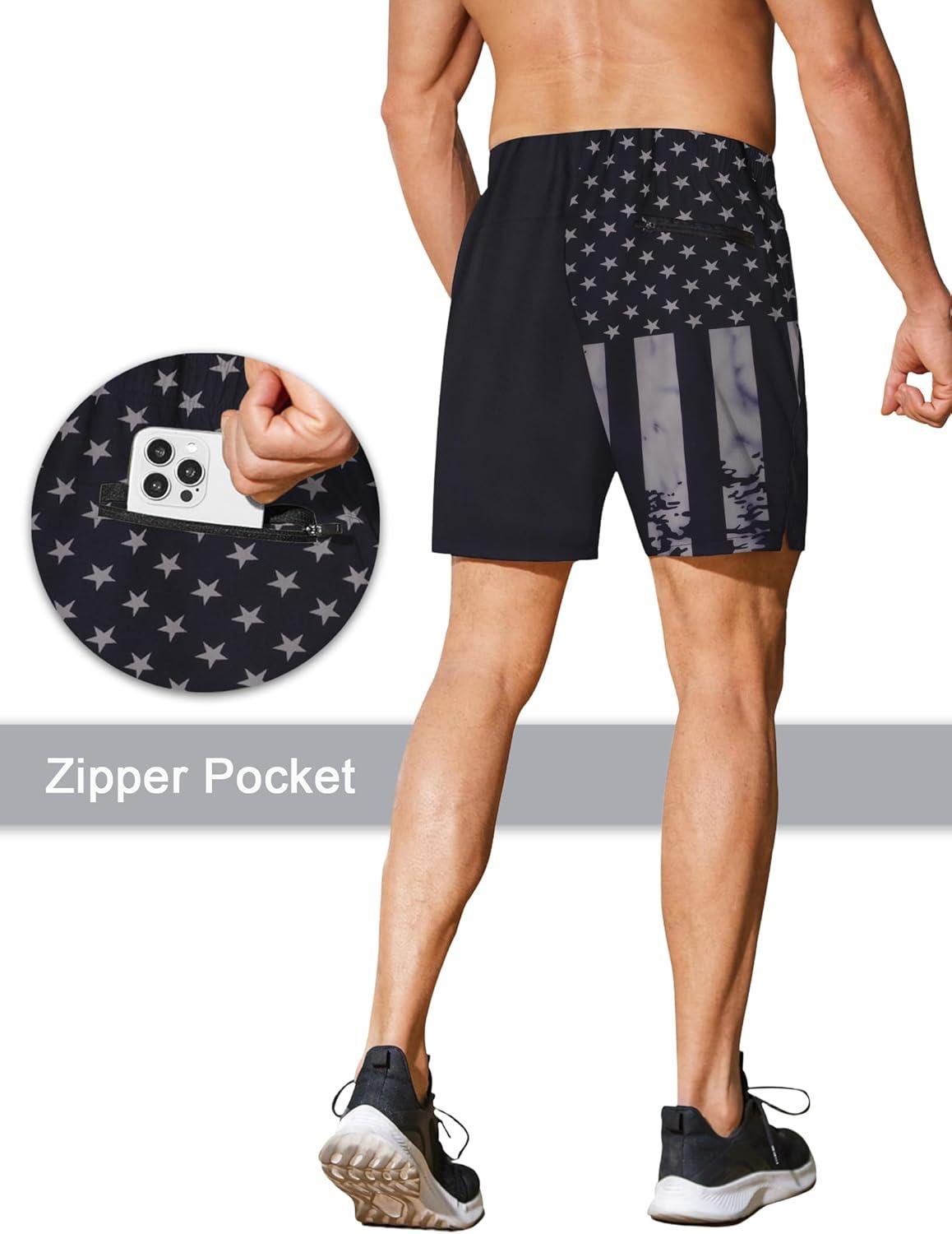 imageCOOFANDY Mens Running Athletic Shorts 5 Inch 2 Pack Gym Workout Shorts Fitted Exercise Hiking Shorts with Zipper PocketBlack American Flag