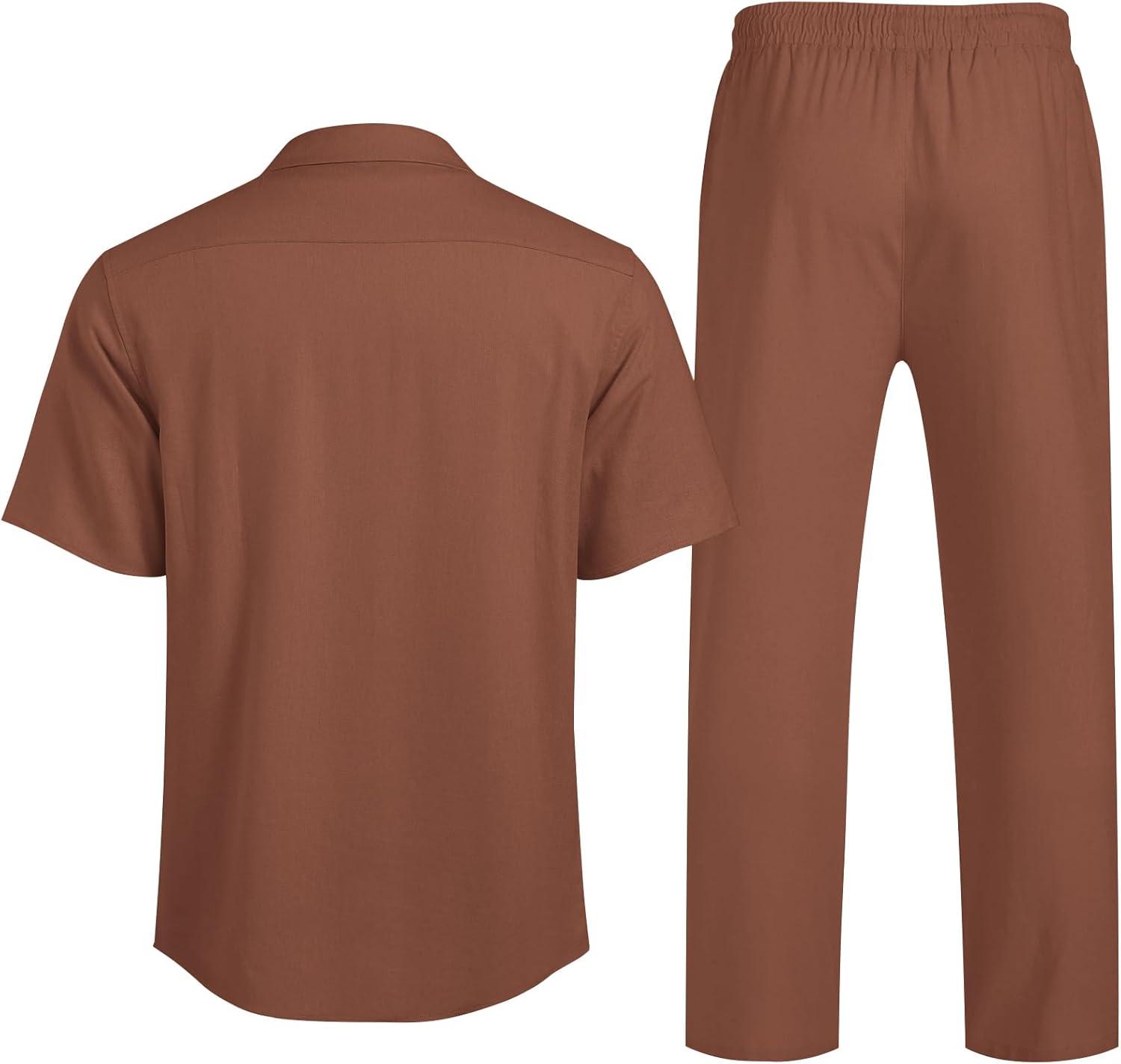imageCOOFANDY Men 2 Piece Linen Outfit Beach Button Down Shirt Casual Loose Pant SetsCaramel