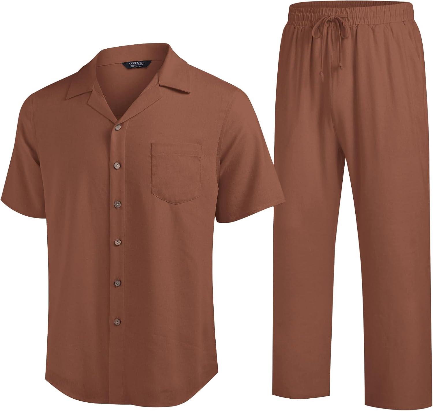 imageCOOFANDY Men 2 Piece Linen Outfit Beach Button Down Shirt Casual Loose Pant SetsCaramel