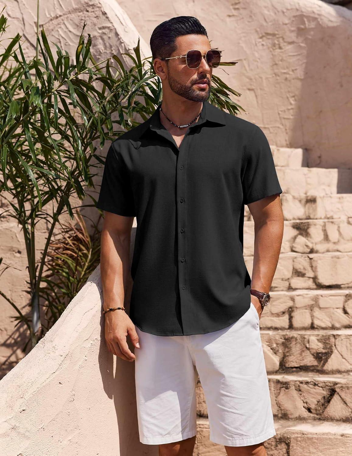 imageCOOFANDY Mens Button Down Short Sleeve Shirt Casual Beach Linen Shirts Wedding Summer Vacation ShirtBlack