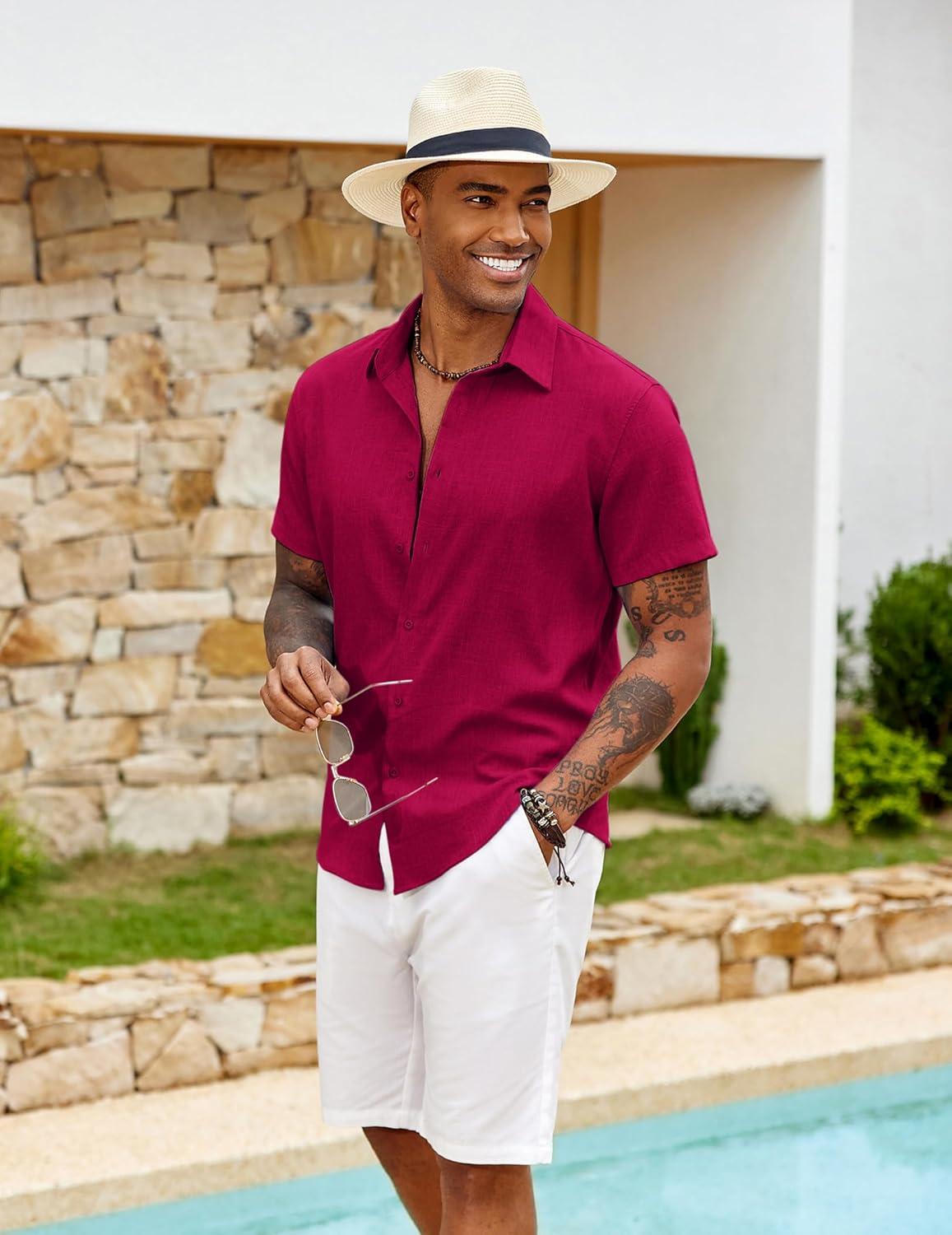 imageCOOFANDY Mens Button Down Short Sleeve Shirt Casual Beach Linen Shirts Wedding Summer Vacation ShirtBurgundy