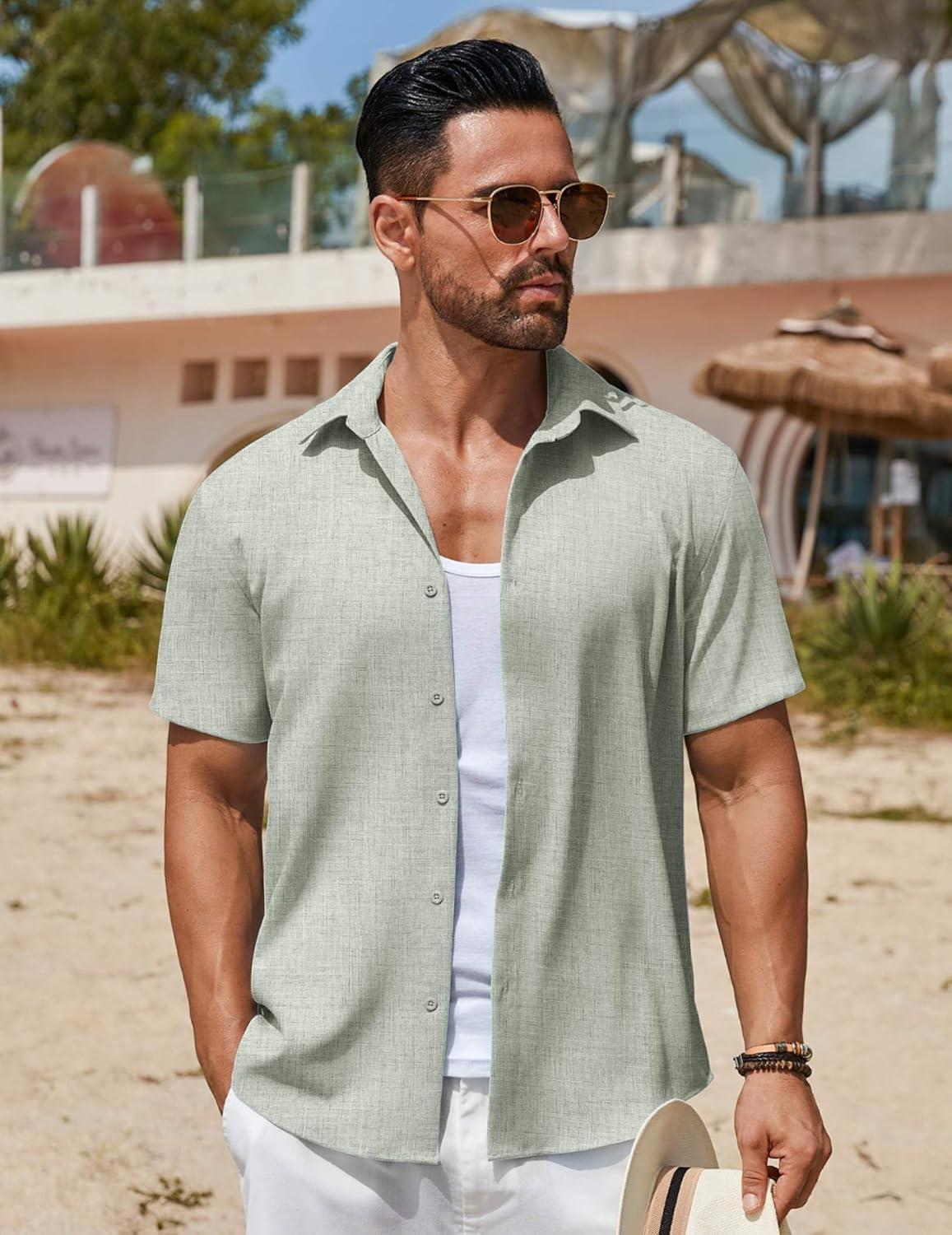imageCOOFANDY Mens Button Down Short Sleeve Shirt Casual Beach Linen Shirts Wedding Summer Vacation ShirtLight Green