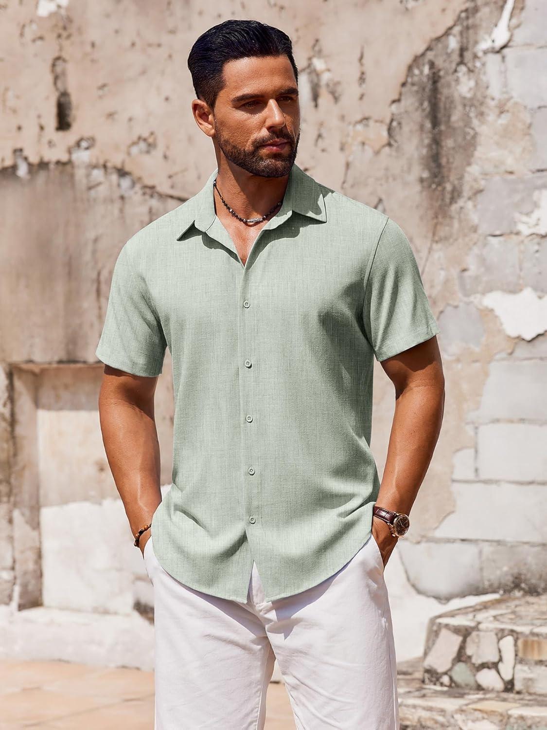 imageCOOFANDY Mens Button Down Short Sleeve Shirt Casual Beach Linen Shirts Wedding Summer Vacation ShirtLight Green