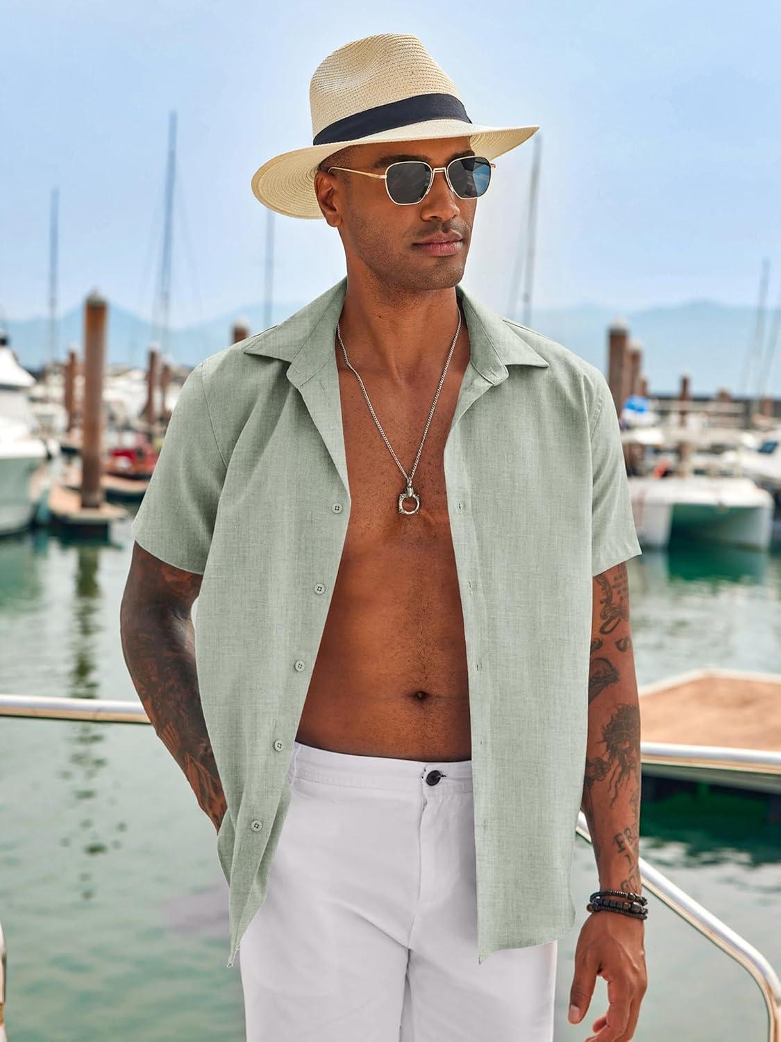 imageCOOFANDY Mens Button Down Short Sleeve Shirt Casual Beach Linen Shirts Wedding Summer Vacation ShirtLight Green