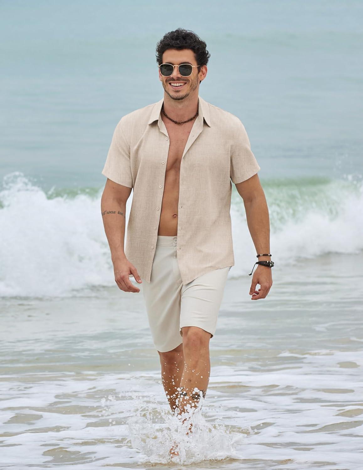 imageCOOFANDY Mens Button Down Short Sleeve Shirt Casual Beach Linen Shirts Wedding Summer Vacation ShirtLight Khaki