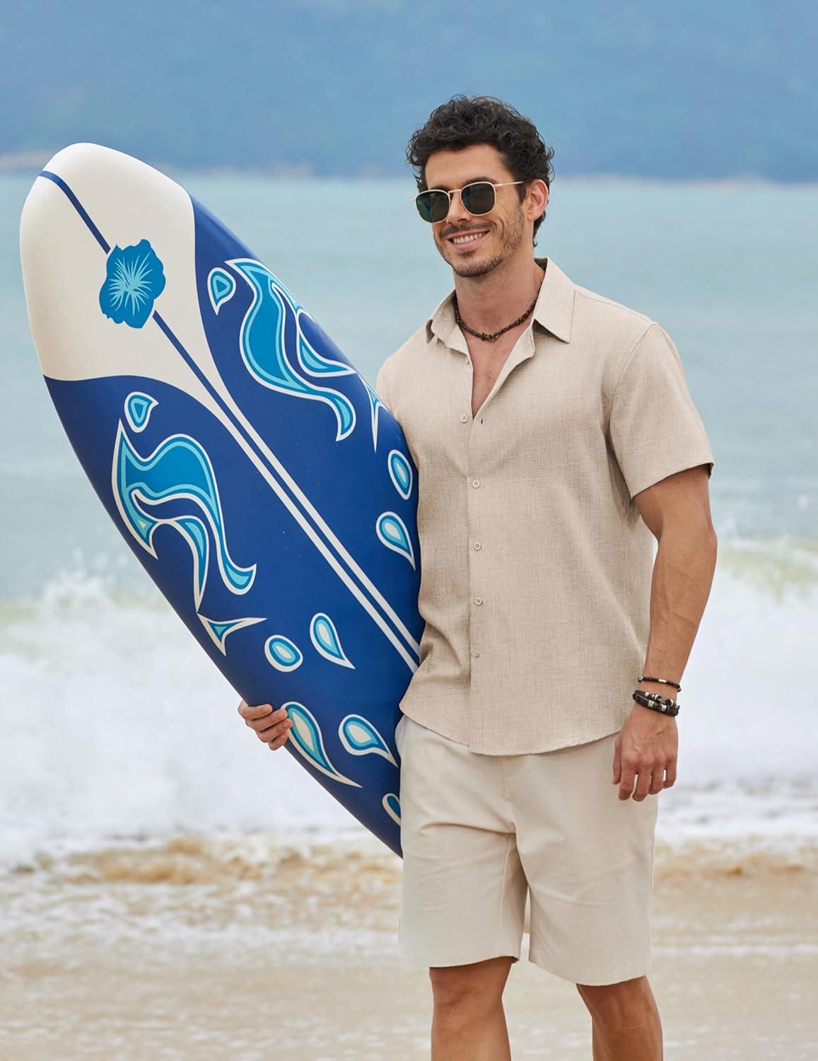 imageCOOFANDY Mens Button Down Short Sleeve Shirt Casual Beach Linen Shirts Wedding Summer Vacation ShirtLight Khaki