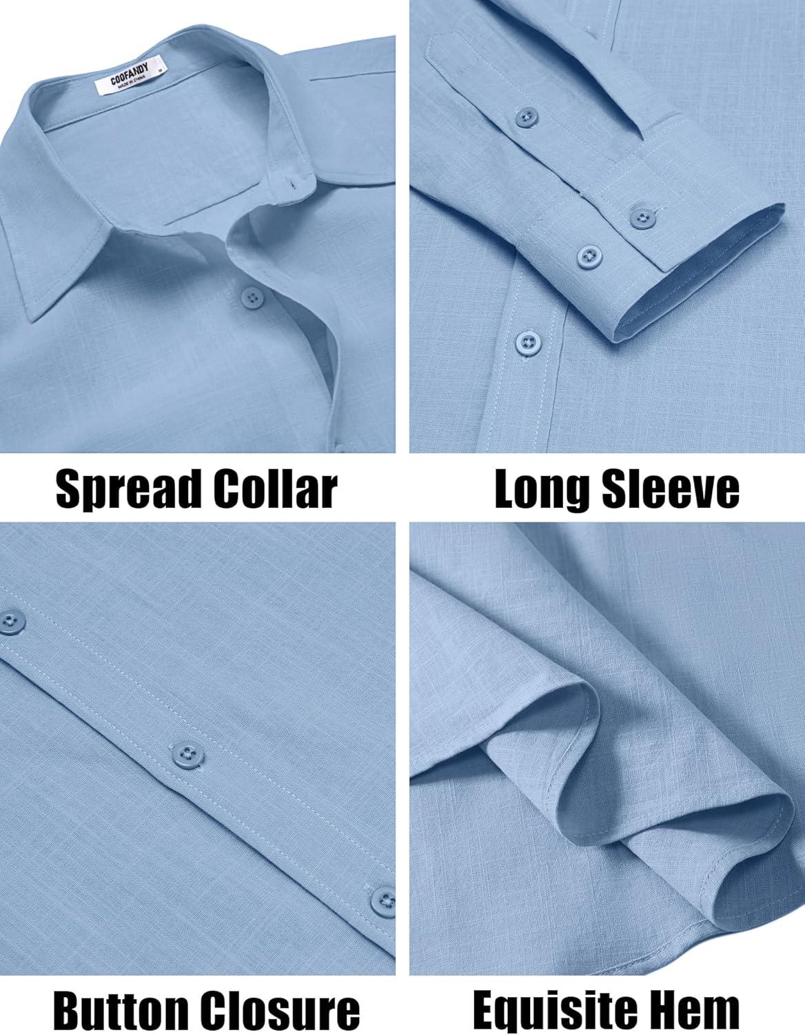 imageCOOFANDY Mens Casual Button Down Shirts Long Sleeve Cotton Beach Wedding Shirt Summer Linen Shirt for MenLight Blue