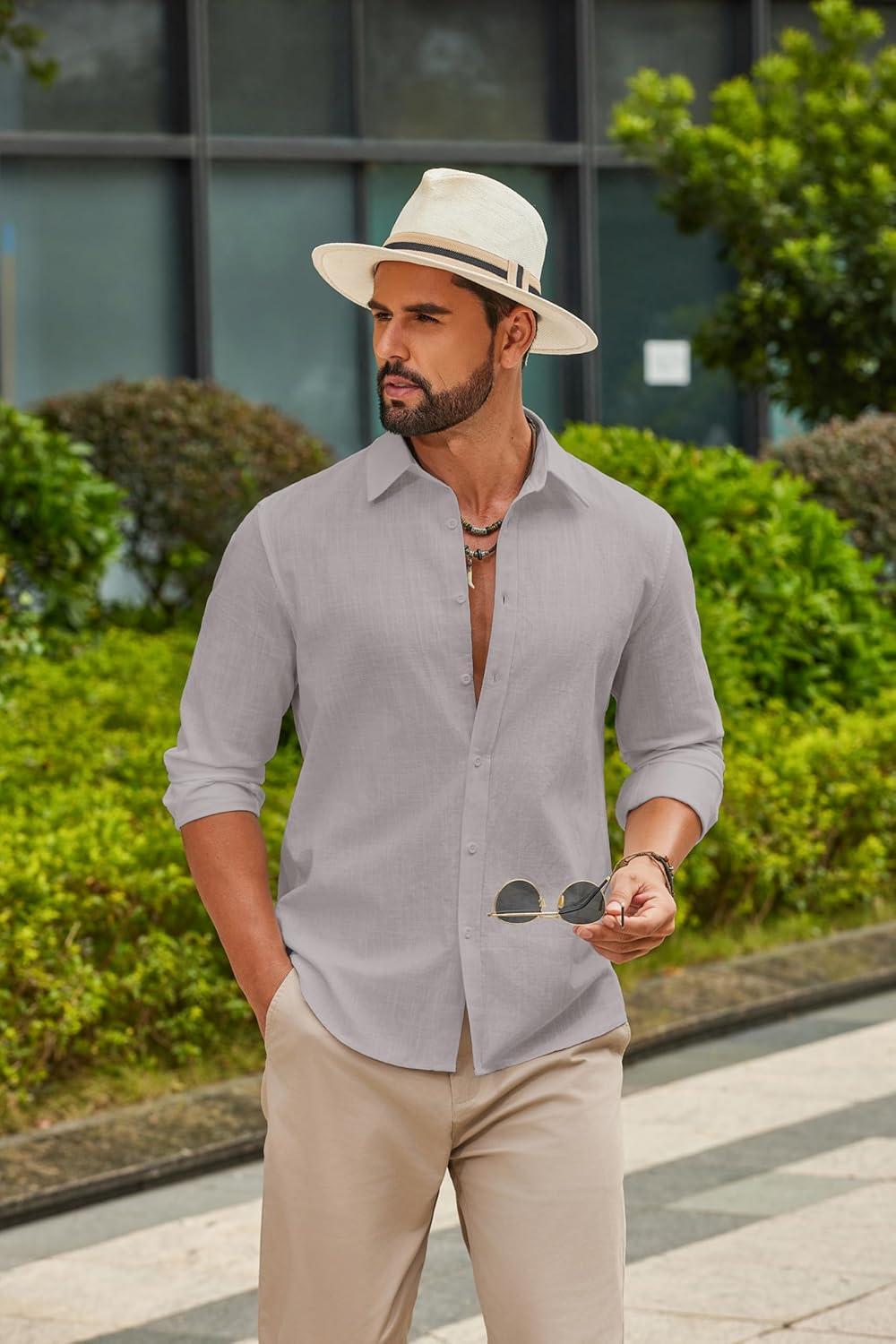 imageCOOFANDY Mens Casual Button Down Shirts Long Sleeve Cotton Beach Wedding Shirt Summer Linen Shirt for MenLight Grey