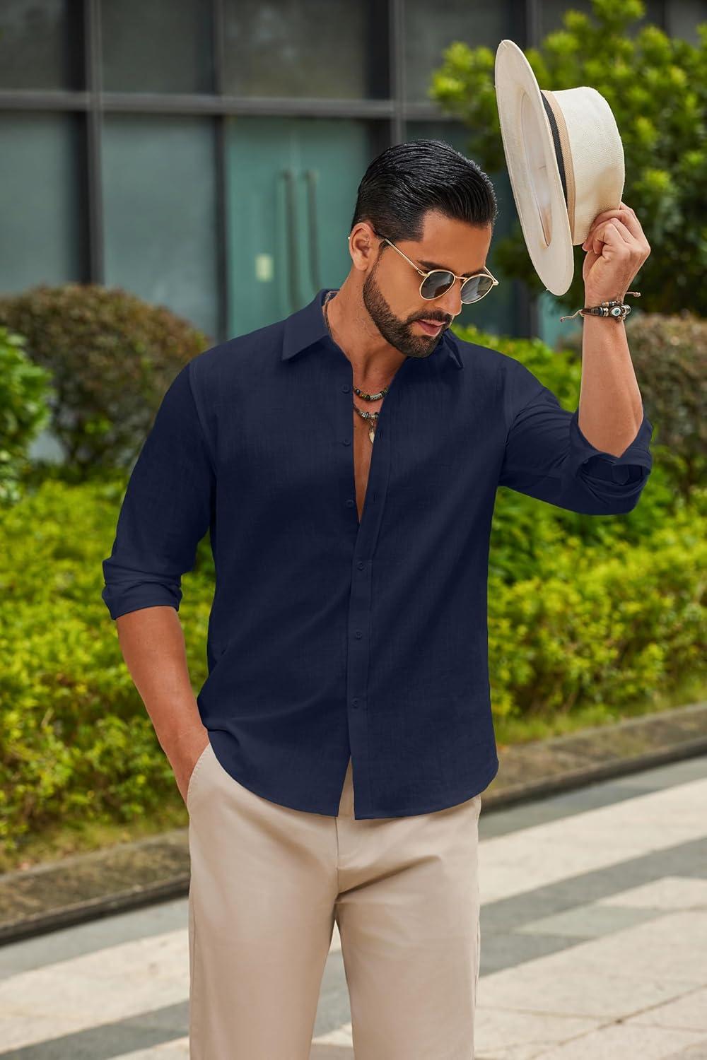 imageCOOFANDY Mens Casual Button Down Shirts Long Sleeve Cotton Beach Wedding Shirt Summer Linen Shirt for MenNavy Blue
