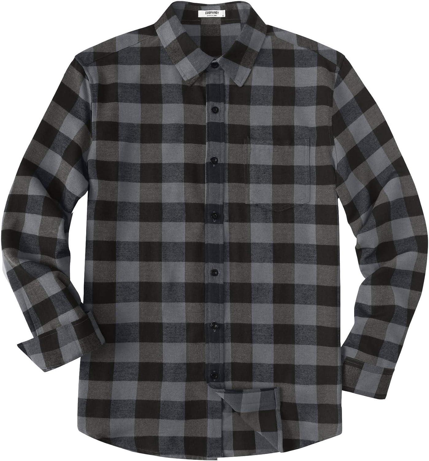 imageCOOFANDY Mens Casual Long Sleeve Button Up Plaid Flannel Shirt Jacket with PocketBuffalo Black Gray