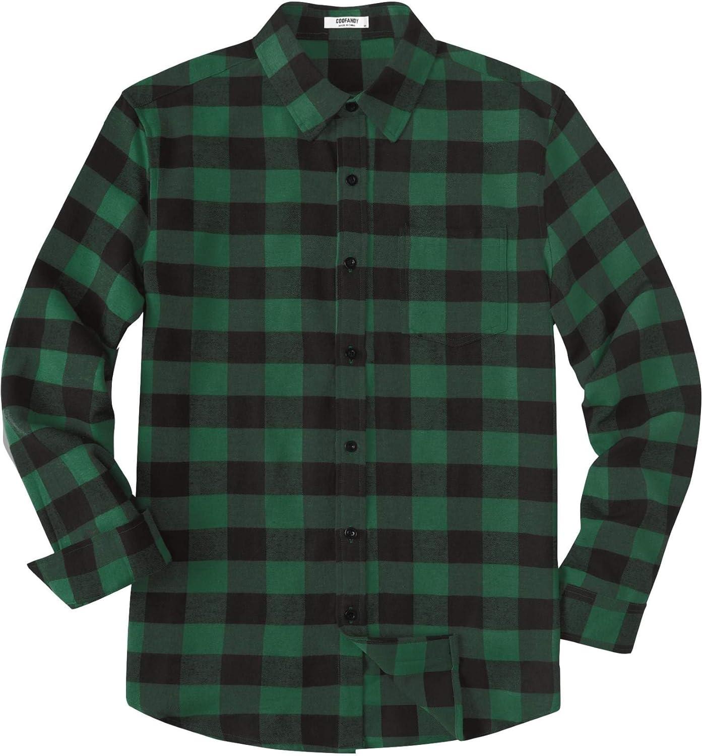 imageCOOFANDY Mens Casual Long Sleeve Button Up Plaid Flannel Shirt Jacket with PocketBuffalo Black Green