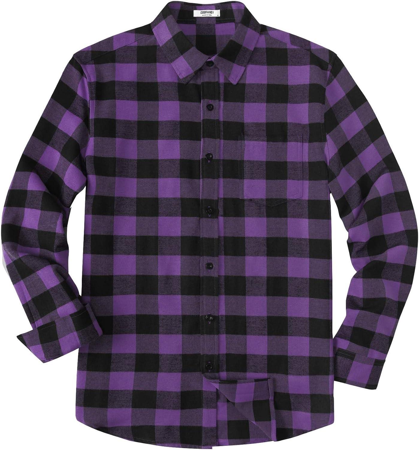 imageCOOFANDY Mens Casual Long Sleeve Button Up Plaid Flannel Shirt Jacket with PocketBuffalo Black Purple