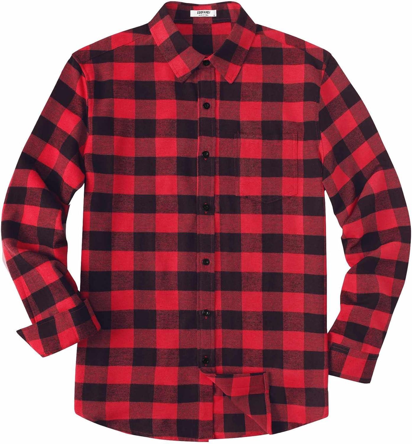 imageCOOFANDY Mens Casual Long Sleeve Button Up Plaid Flannel Shirt Jacket with PocketBuffalo Black Red