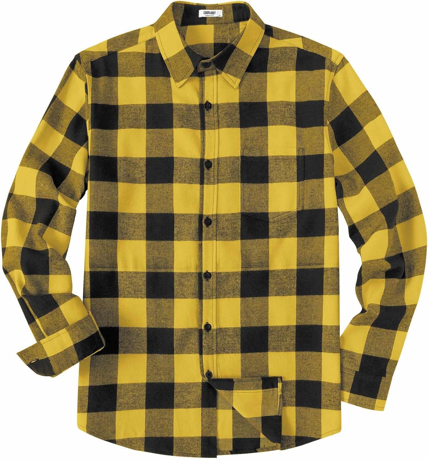 imageCOOFANDY Mens Casual Long Sleeve Button Up Plaid Flannel Shirt Jacket with PocketBuffalo Black Yellow