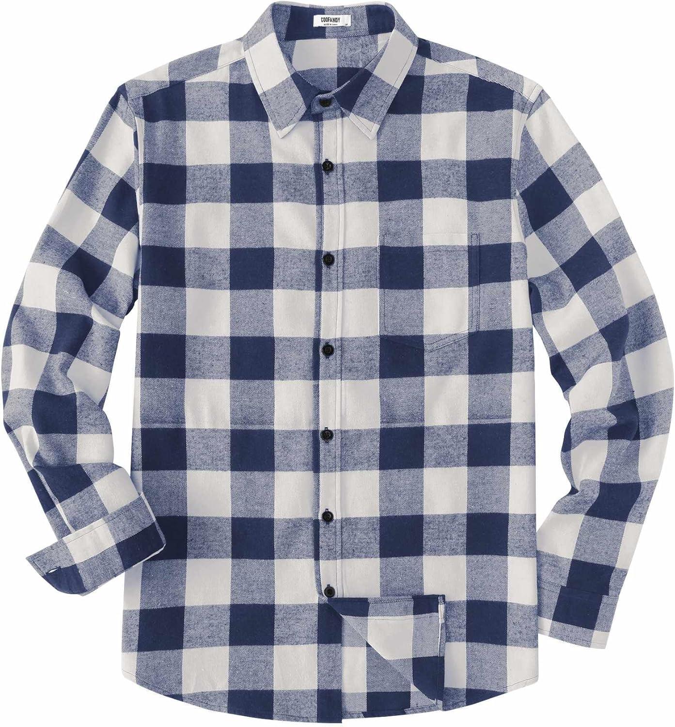 imageCOOFANDY Mens Casual Long Sleeve Button Up Plaid Flannel Shirt Jacket with PocketBuffalo Blue White