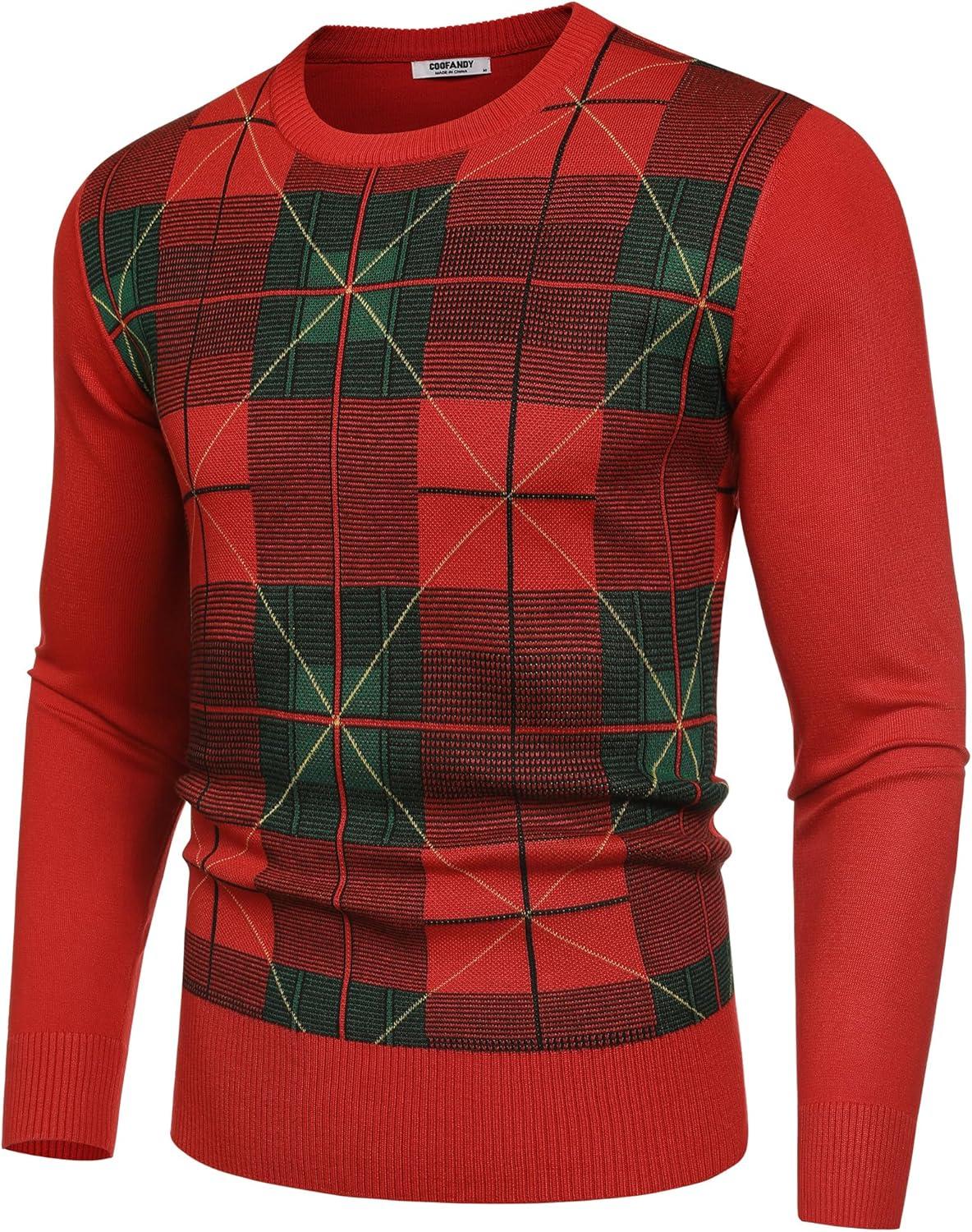 imageCOOFANDY Mens Crewneck Sweaters Long Sleeve Dress Knit Sweater Lightweight Slim Fit Pullover SweatersChristmas RedGreen