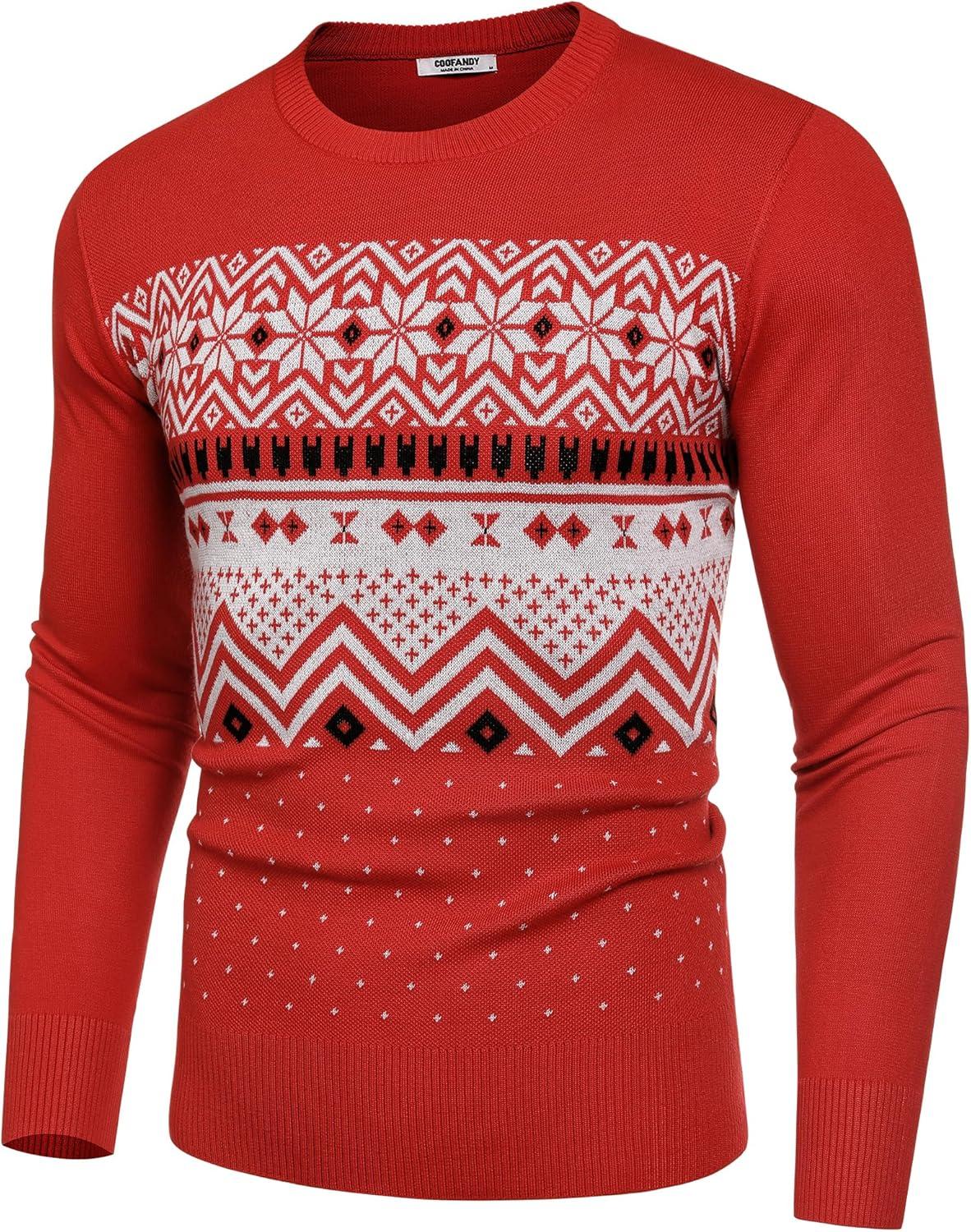 imageCOOFANDY Mens Crewneck Sweaters Long Sleeve Dress Knit Sweater Lightweight Slim Fit Pullover SweatersChristmas RedWhite