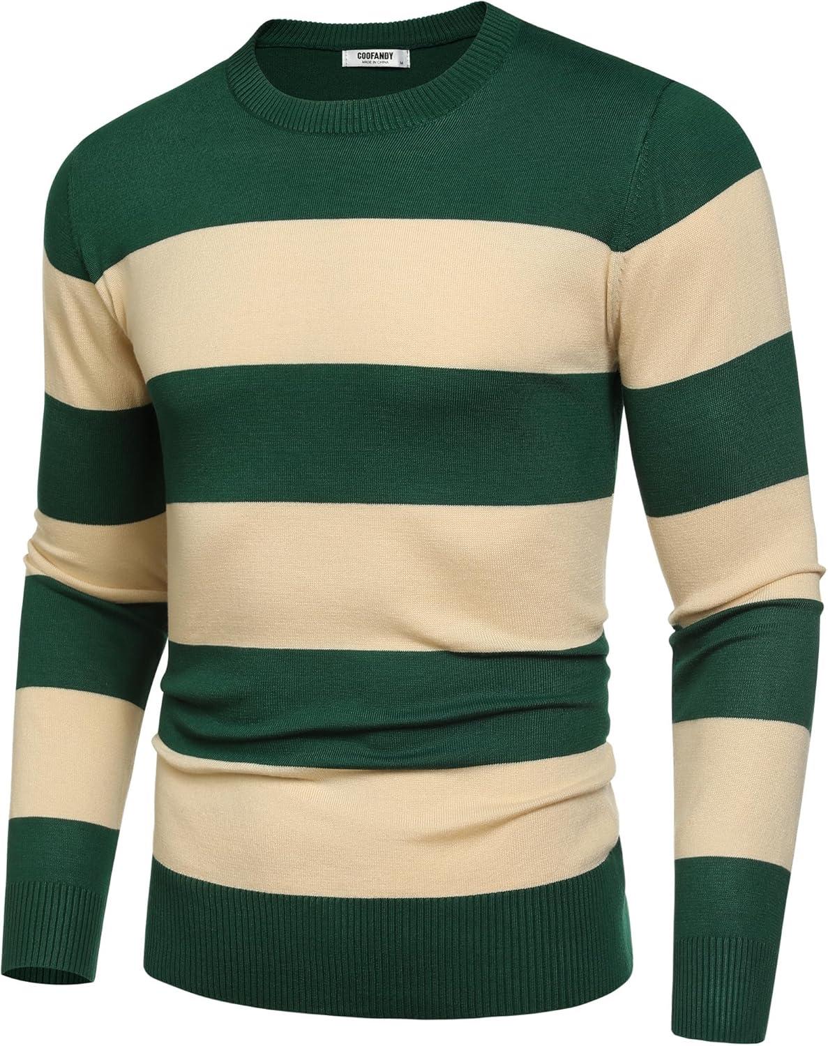 imageCOOFANDY Mens Crewneck Sweaters Long Sleeve Dress Knit Sweater Lightweight Slim Fit Pullover SweatersGreenApricot Stripe