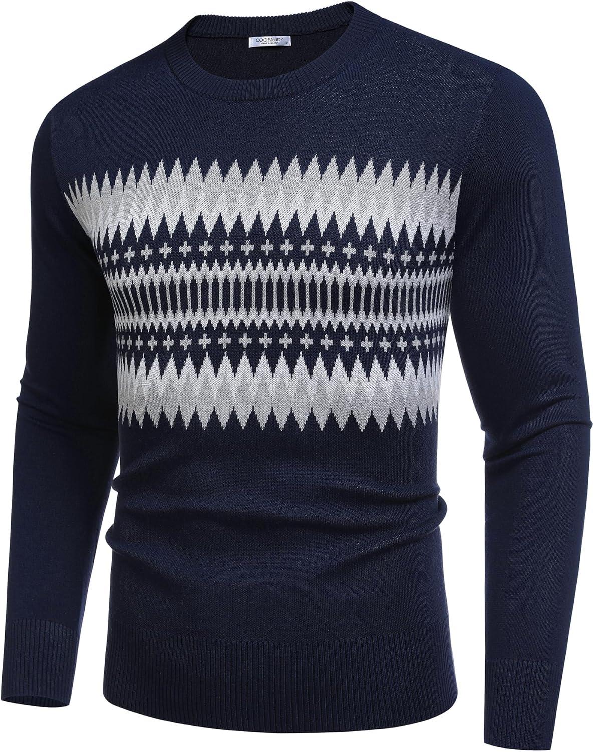 imageCOOFANDY Mens Crewneck Sweaters Long Sleeve Dress Knit Sweater Lightweight Slim Fit Pullover SweatersNavy BlueGrey White Jacquard