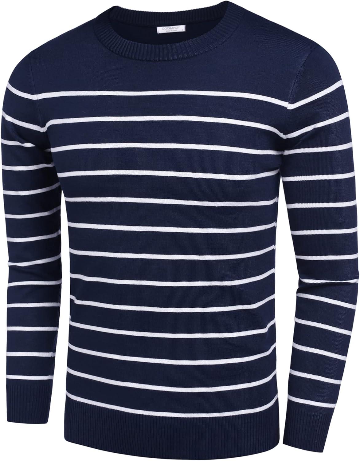 imageCOOFANDY Mens Crewneck Sweaters Long Sleeve Dress Knit Sweater Lightweight Slim Fit Pullover SweatersNavyWhite Mariner Stripe